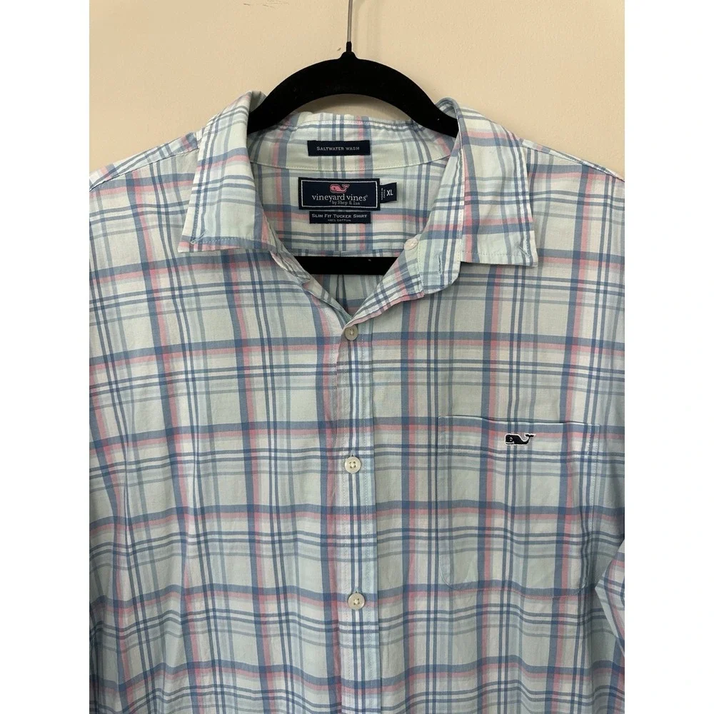 Vineyard Vines Shirt Men XL Slim Fit Tucker Blue Pink Plaid Button Down